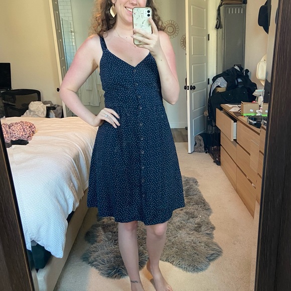 Gap navy dress with polka dots, size M Tall, elastic band on the back of dress - Picture 2 of 3